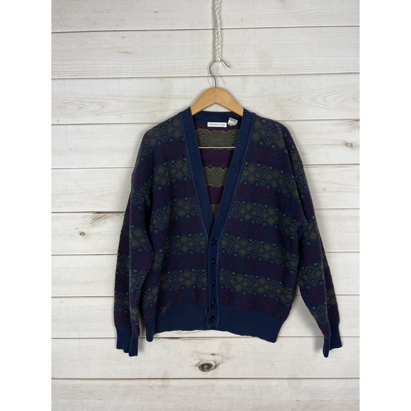 Claiborne Other - Vintage Claiborne Sweater Mens Medium Blue Geometric Knit Cardigan Australia 90s